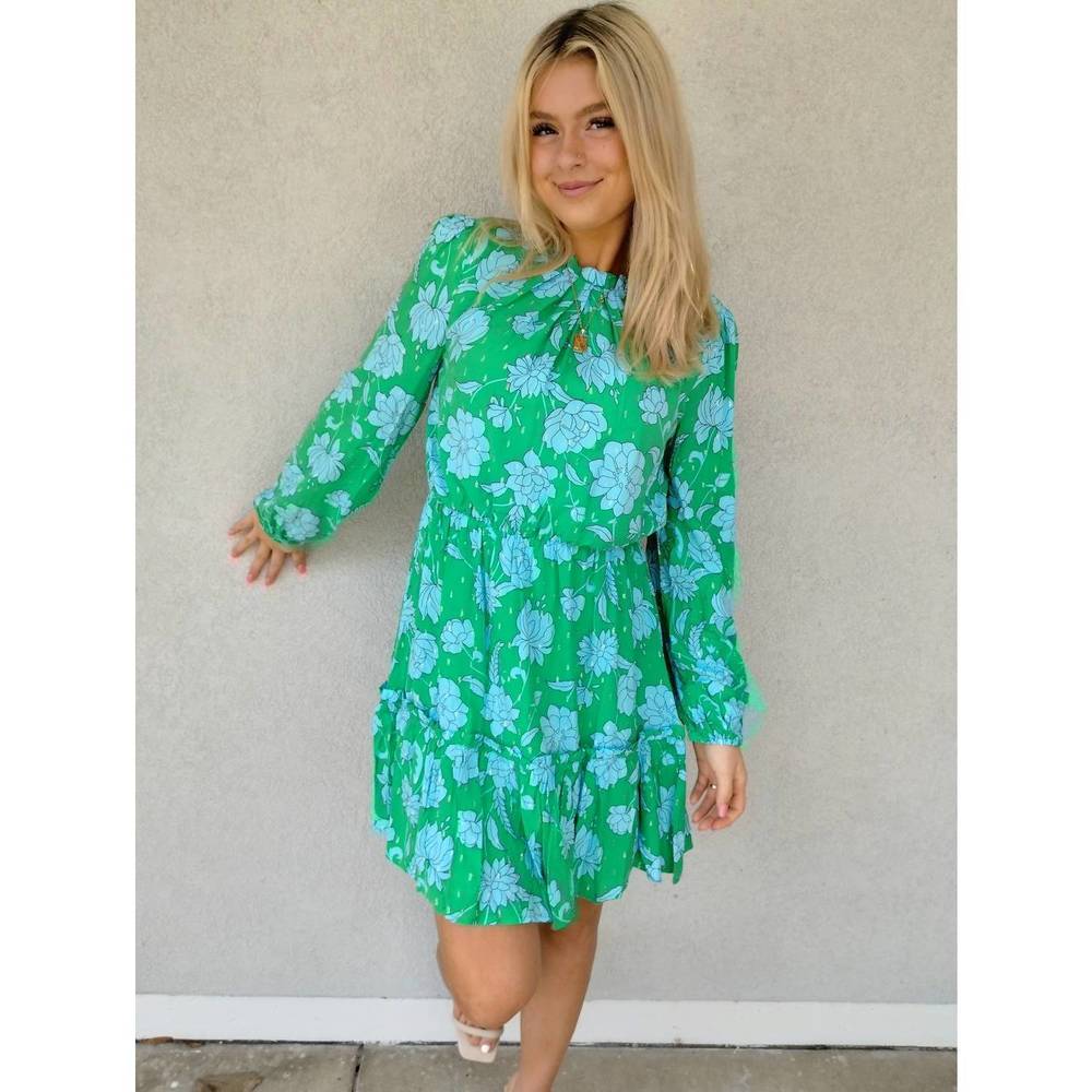 Sugarlips Green Floral Long Sleeve Tiered Dress